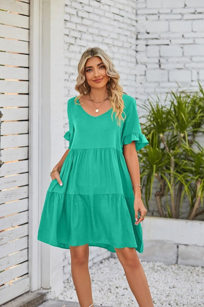 Dress- Casual Solid Flowy Tiered Mini Dress with Pockets- Mint- Pekosa Women Clothing