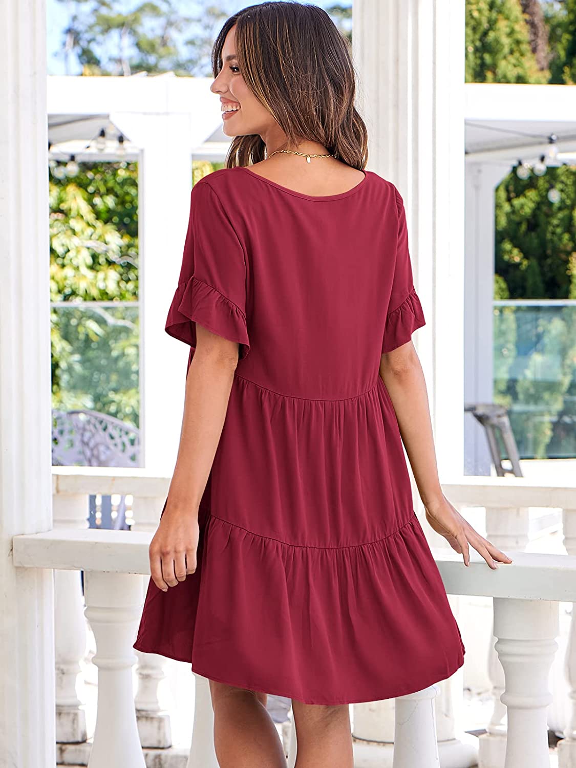 Dress- Casual Solid Flowy Tiered Mini Dress with Pockets- - Pekosa Women Clothing