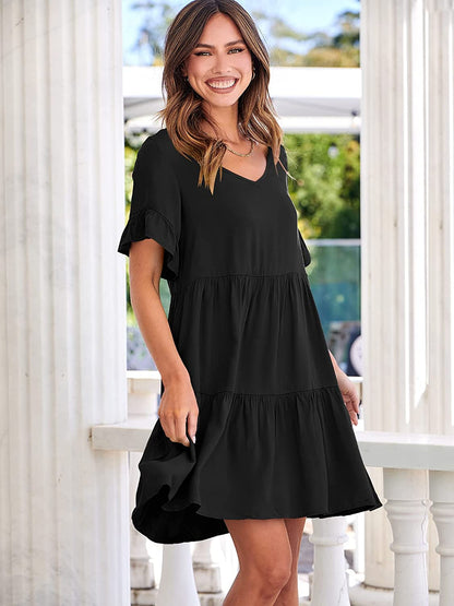 Dress- Casual Solid Flowy Tiered Mini Dress with Pockets- - Pekosa Women Clothing