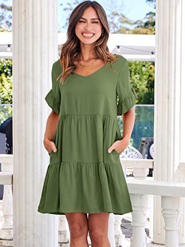 Dress- Casual Solid Flowy Tiered Mini Dress with Pockets- - Pekosa Women Clothing