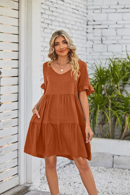 Dress- Casual Solid Flowy Tiered Mini Dress with Pockets- Brown Rust- Pekosa Women Clothing