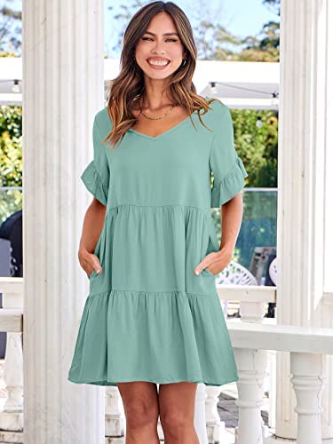 Dress- Casual Solid Flowy Tiered Mini Dress with Pockets- - Pekosa Women Clothing