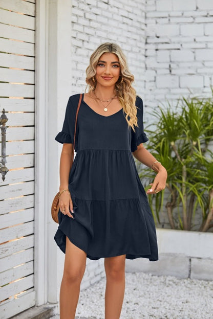 Dress- Casual Solid Flowy Tiered Mini Dress with Pockets- Navy Blue- Pekosa Women Clothing