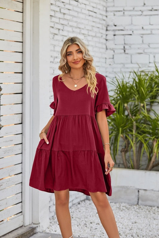 Dress- Casual Solid Flowy Tiered Mini Dress with Pockets- Wine Red- Pekosa Women Clothing