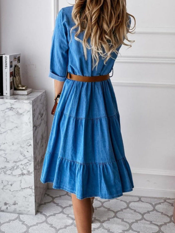 Dress- Casual Sophistication: Women's Vintage Wash Denim Belted Shirt Dress- - Pekosa Women Clothing