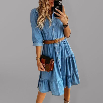 Dress- Casual Sophistication: Women's Vintage Wash Denim Belted Shirt Dress- Blue- Pekosa Women Clothing