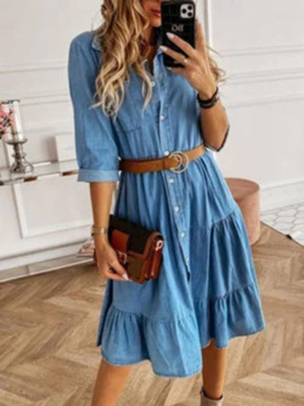 Dress- Casual Sophistication: Women's Vintage Wash Denim Belted Shirt Dress- - Pekosa Women Clothing