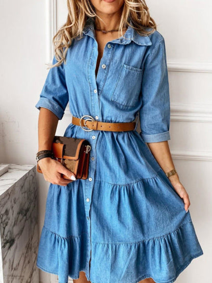 Dress- Casual Sophistication: Women's Vintage Wash Denim Belted Shirt Dress- - Pekosa Women Clothing