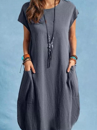 Dress- Casual Tunic Midi Dress with Pockets- Grey- Pekosa Women Clothing