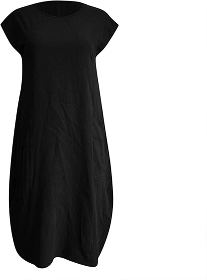 Dress- Casual Tunic Midi Dress with Pockets- - Pekosa Women Clothing