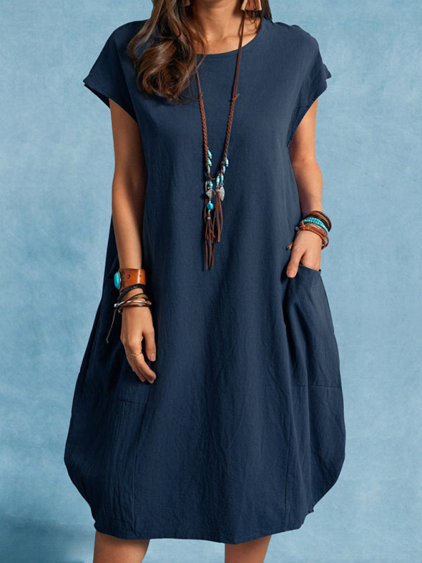 Dress- Casual Tunic Midi Dress with Pockets- Purplish blue navy- Pekosa Women Clothing