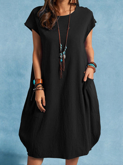 Dress- Casual Tunic Midi Dress with Pockets- Black- Pekosa Women Clothing