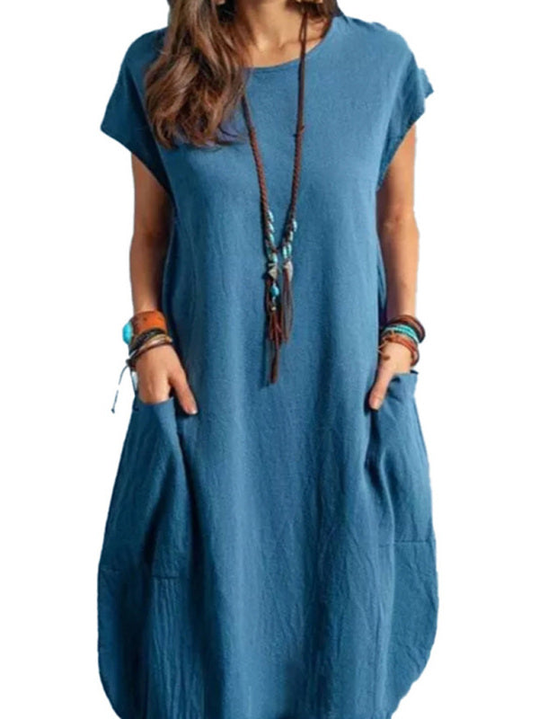 Dress- Casual Tunic Midi Dress with Pockets- Blue- Pekosa Women Clothing