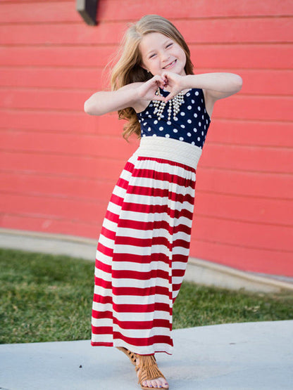 Dress- Celebrate in Style: Kids National Flag Maxi Tank Dress- Blue- Pekosa Women Clothing