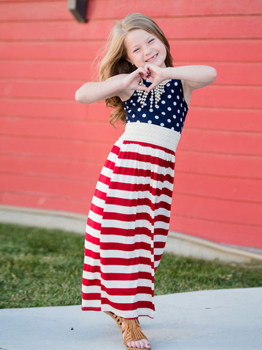 Dress- Celebrate in Style: Kids National Flag Maxi Tank Dress- Blue- Pekosa Women Clothing