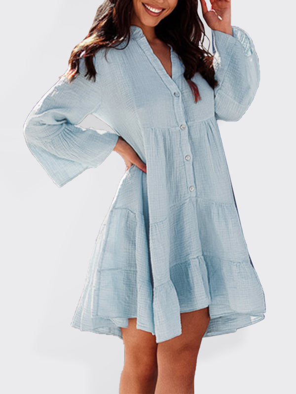 Dress- Chic Holiday Shirt Dress: Notched Neck, Tiered Loose Fit - Shop Now!- Blue- Pekosa Women Clothing