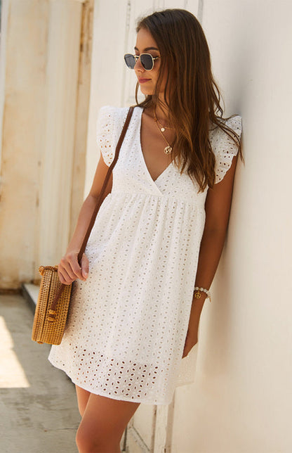 Dress- Cotton Eyelet V-neck Vacay Mini Dress- - Pekosa Women Clothing