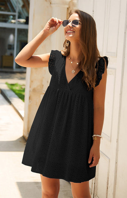 Dress- Cotton Eyelet V-neck Vacay Mini Dress- - Pekosa Women Clothing