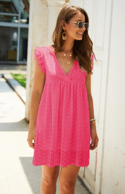 Dress- Cotton Eyelet V-neck Vacay Mini Dress- Rose Red- Pekosa Women Clothing