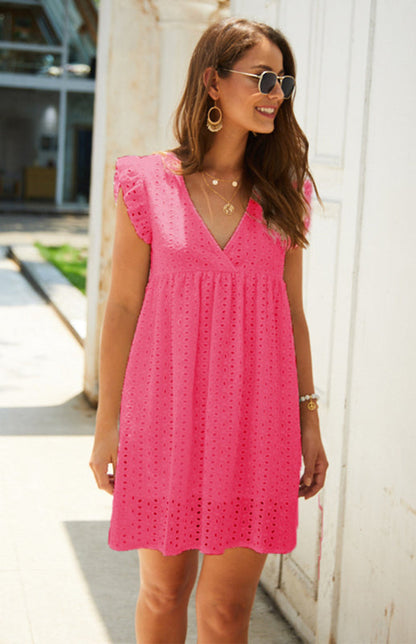 Dress- Cotton Eyelet V-neck Vacay Mini Dress- Rose Red- Pekosa Women Clothing