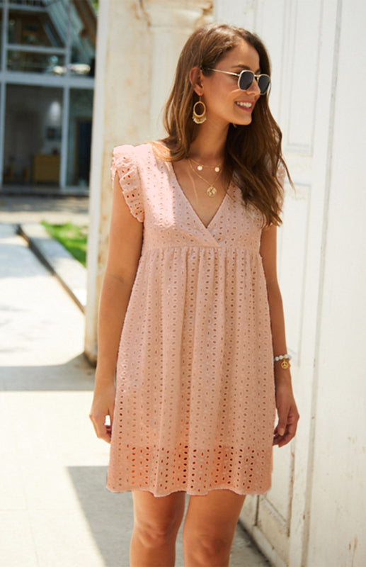 Dress- Cotton Eyelet V-neck Vacay Mini Dress- - Pekosa Women Clothing