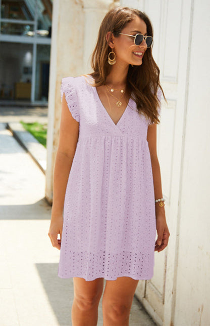 Dress- Cotton Eyelet V-neck Vacay Mini Dress- - Pekosa Women Clothing