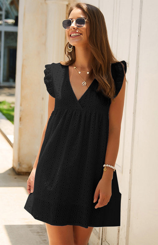 Dress- Cotton Eyelet V-neck Vacay Mini Dress- - Pekosa Women Clothing