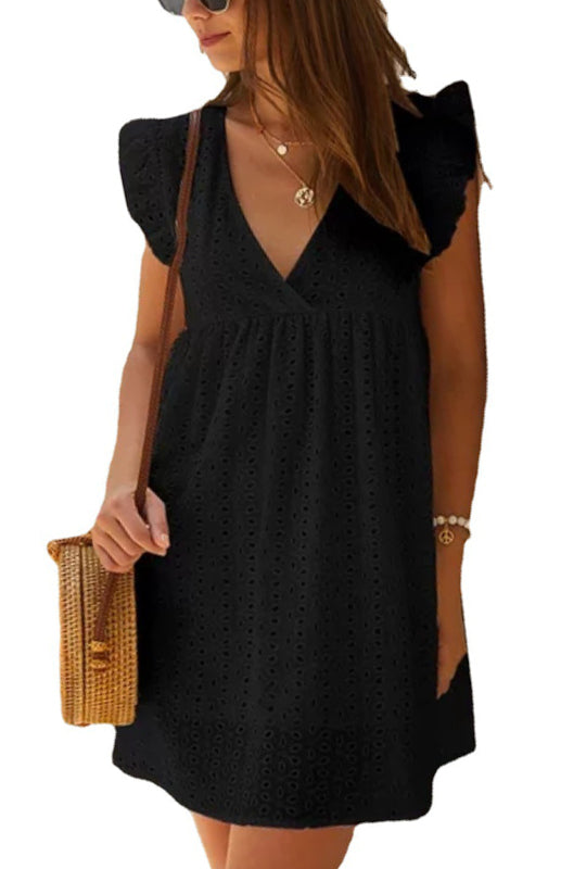 Dress- Cotton Eyelet V-neck Vacay Mini Dress- Black- Pekosa Women Clothing