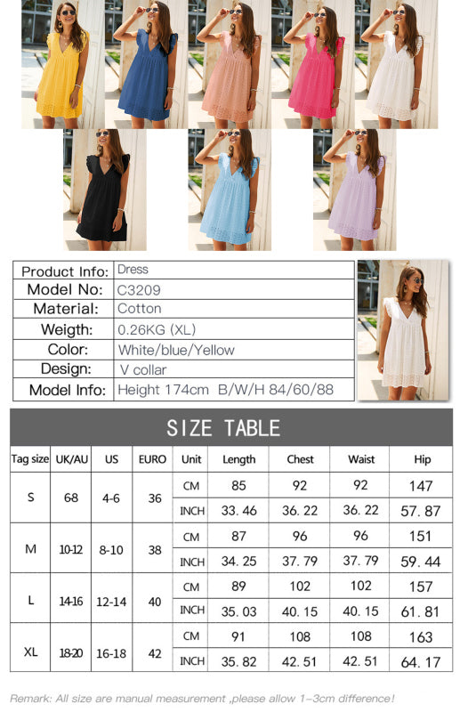 Dress- Cotton Eyelet V-neck Vacay Mini Dress- - Pekosa Women Clothing