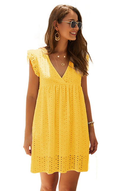 Dress- Cotton Eyelet V-neck Vacay Mini Dress- Yellow- Pekosa Women Clothing