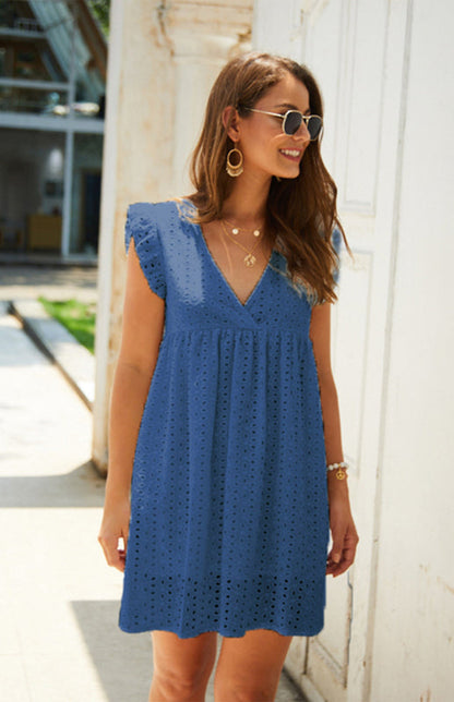 Dress- Cotton Eyelet V-neck Vacay Mini Dress- - Pekosa Women Clothing