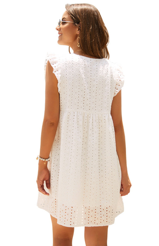 Dress- Cotton Eyelet V-neck Vacay Mini Dress- - Pekosa Women Clothing