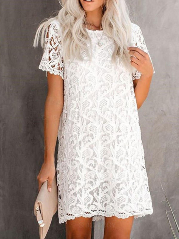 Dress- Cotton Guipure Lace Loose Dress- - Pekosa Women Clothing