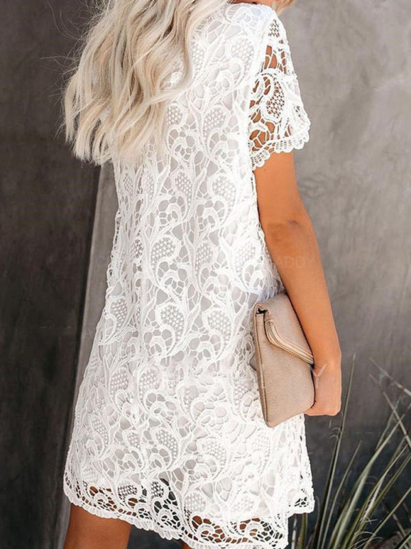 Dress- Cotton Guipure Lace Loose Dress- - Pekosa Women Clothing