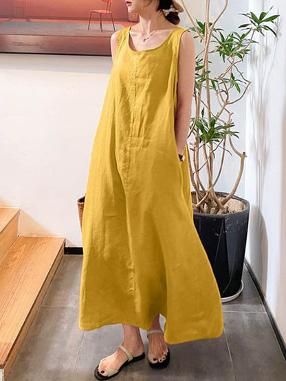 Dress- Cotton-Linen Tank Maxi Dress - Perfect for Any Occasion!- Yellow- Pekosa Women Clothing