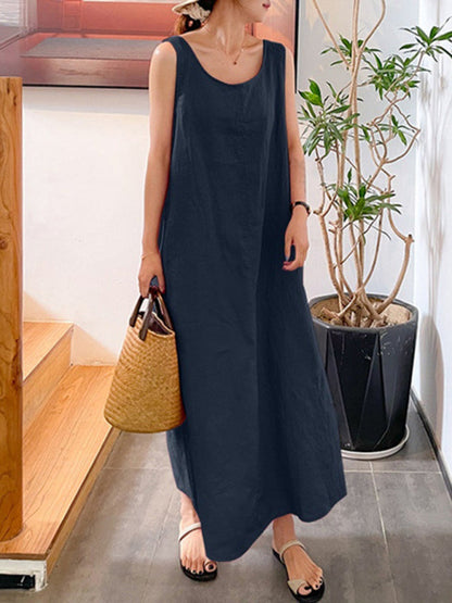 Dress- Cotton-Linen Tank Maxi Dress - Perfect for Any Occasion!- Blue- Pekosa Women Clothing