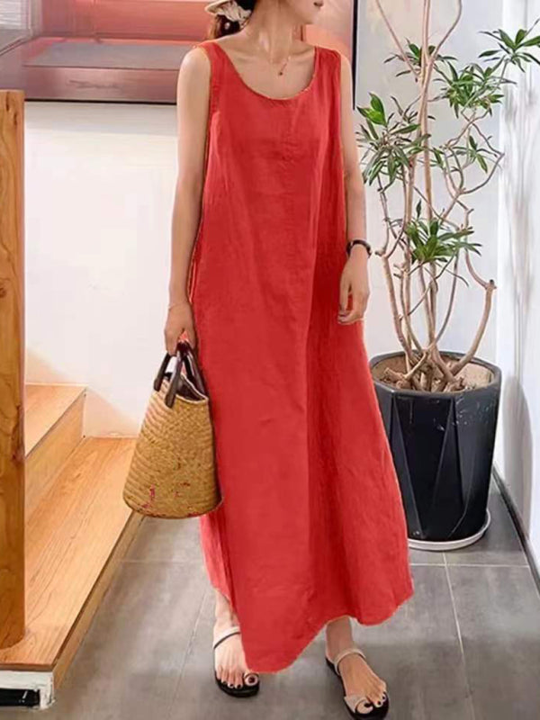 Dress- Cotton-Linen Tank Maxi Dress - Perfect for Any Occasion!- Red- Pekosa Women Clothing