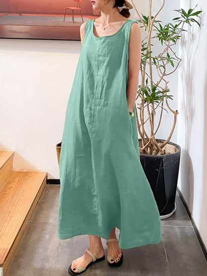 Dress- Cotton-Linen Tank Maxi Dress - Perfect for Any Occasion!- Green- Pekosa Women Clothing