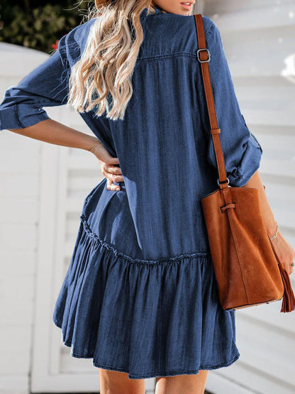 Dress- Cotton Shirt Jean Denim Dress for Women- - Pekosa Women Clothing