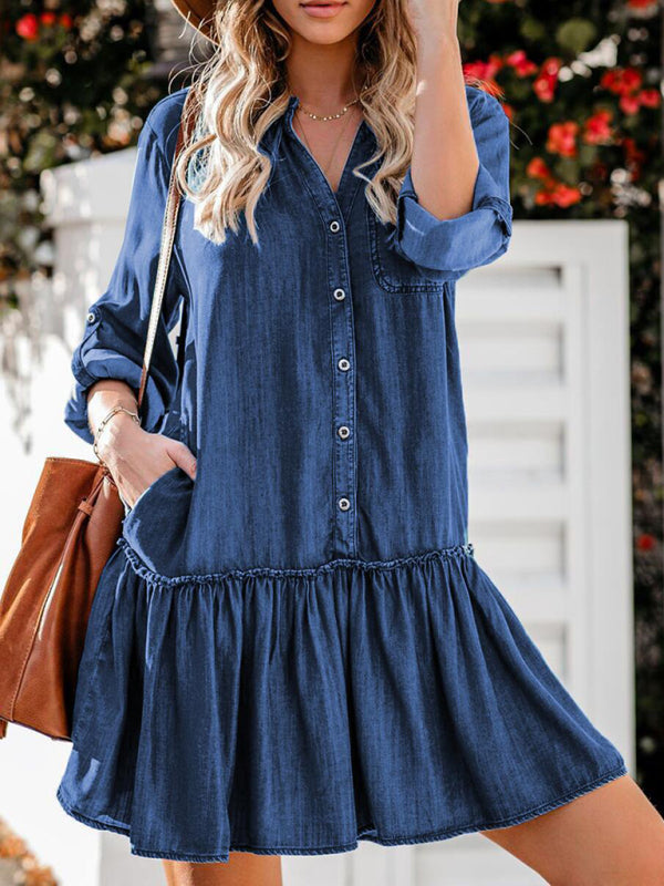 Dress- Cotton Shirt Jean Denim Dress for Women- - Pekosa Women Clothing