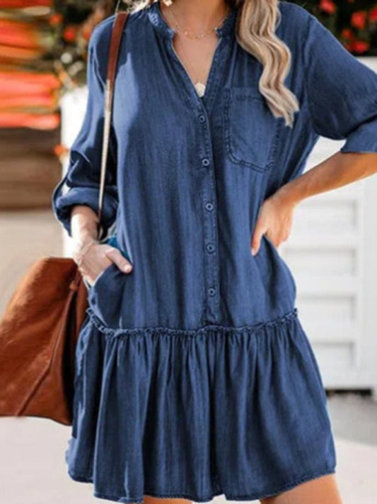 Dress- Cotton Shirt Jean Denim Dress for Women- Blue- Pekosa Women Clothing