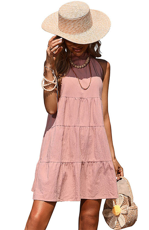 Dress- Cotton Sun Dress: Halter Neck, Tiered, Bowknot - Shop Now!- - Pekosa Women Clothing