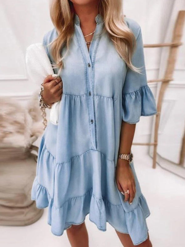 Dress- Denim Jean Tiers Mini Shirt Dress- - Pekosa Women Clothing