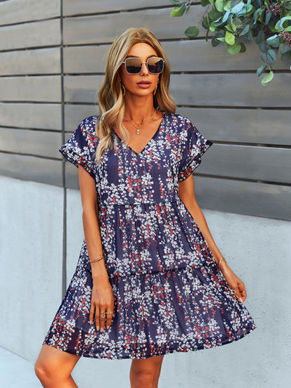 Dress- Discover Your New Favorite Dress with Our Floral Tiered Mini Dress- Purplish blue navy- Pekosa Women Clothing