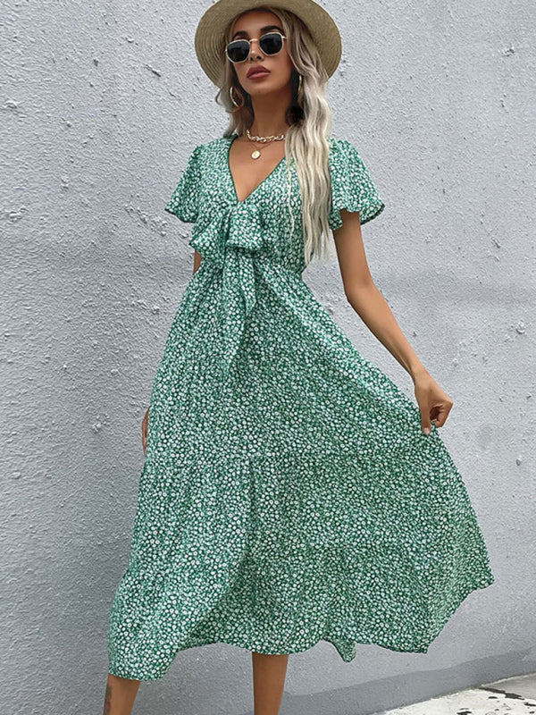 Dress- Ditsy Floral Tiered Dress with Butterfly Sleeves for Women- Green- Pekosa Women Clothing