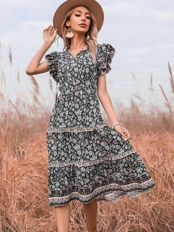 Dress- Effortless Charm: Women's Casual Floral Dress with Butterfly Sleeves- - Pekosa Women Clothing