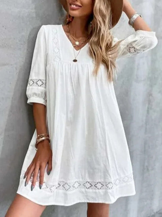 Dress- Effortless Charm: Women's Vacation Cotton Beach Mini Dress- White- Pekosa Women Clothing
