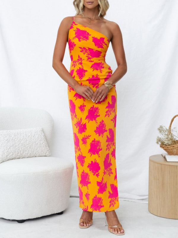 Dress- Elegant Floral Print One Shoulder Split Thigh Maxi Dress- Orange- Pekosa Women Clothing