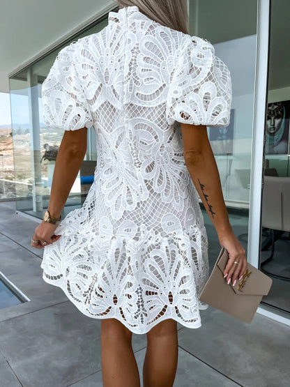 Dress- Elegant Hollow Lace Mini Dress for Women- - Pekosa Women Clothing