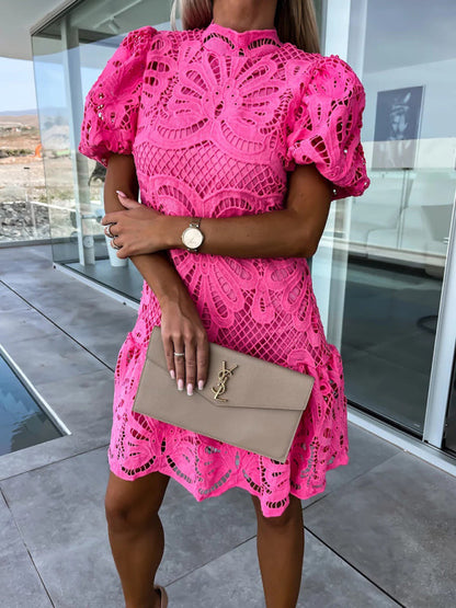 Dress- Elegant Hollow Lace Mini Dress for Women- Pink- Pekosa Women Clothing